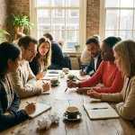 Diverse professionals bespreken strategie rond houten tafel in Amsterdam café, hand-getekende pijl op papier, warme natuurlijke verlichting