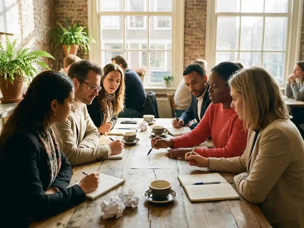 Diverse professionals bespreken strategie rond houten tafel in Amsterdam café, hand-getekende pijl op papier, warme natuurlijke verlichting