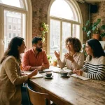 Drie professionals in gesprek aan houten tafel in helder Amsterdam café met koffie en notitieboeken