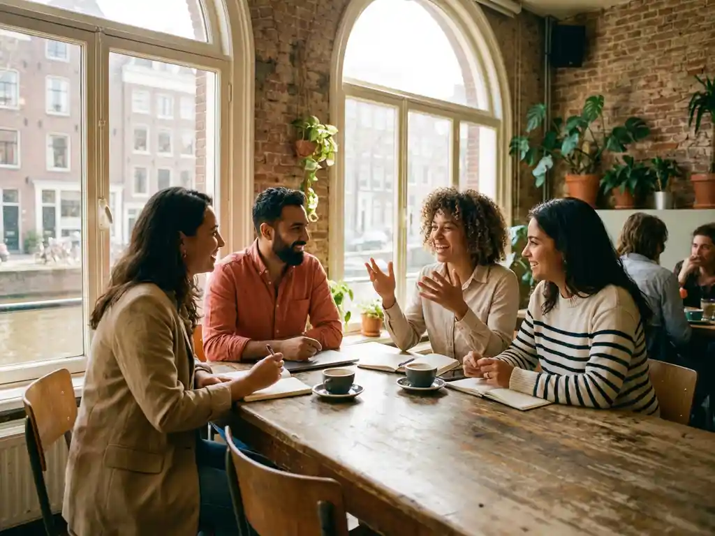 Drie professionals in gesprek aan houten tafel in helder Amsterdam café met koffie en notitieboeken