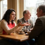 Jonge vrouw met bezorgde uitdrukking praat tegen oudere man die wegkijkt in warm Amsterdam café met onaangeroerde koffiekopjes