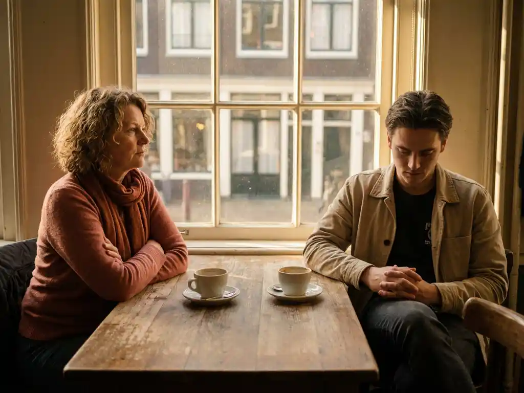 Vrouw met gekruiste armen en man aan houten cafétafel in Amsterdam, ongemakkelijke sfeer met lege koffiekopjes tussen hen