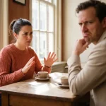 Vrouw in koraalkleurige trui gebaart expressief tijdens gesprek in Amsterdam café met warme lichtinval