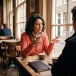Vrouw in koraalkleurige vest gesticuleert tijdens intens gesprek aan houten cafétafel in Amsterdam, warme daglicht door ramen