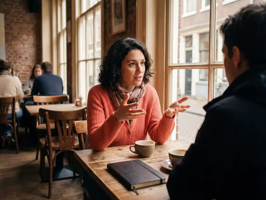 Vrouw in koraalkleurige vest gesticuleert tijdens intens gesprek aan houten cafétafel in Amsterdam, warme daglicht door ramen