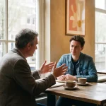 Middelbare professional in gesprek met jongere collega aan houten cafétafel in Amsterdam koffiehuis met warme verlichting