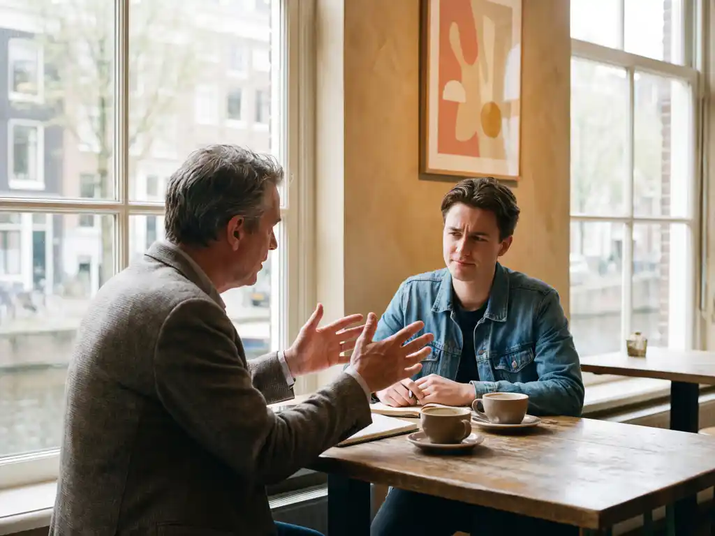 Middelbare professional in gesprek met jongere collega aan houten cafétafel in Amsterdam koffiehuis met warme verlichting