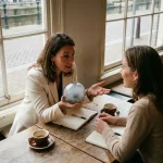 Zakenvrouw houdt glazen bol met mist tijdens gesprek met collega aan houten cafétafel in Amsterdam