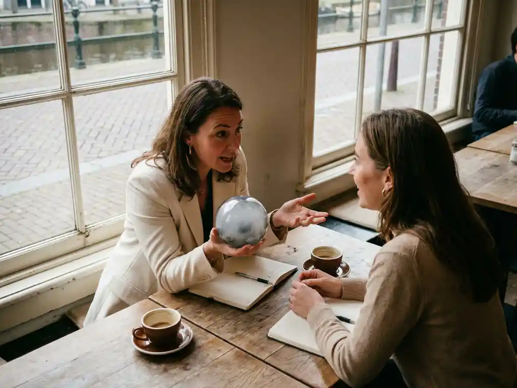 Zakenvrouw houdt glazen bol met mist tijdens gesprek met collega aan houten cafétafel in Amsterdam