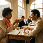 Twee professionals in geanimeerd gesprek aan café tafel met koffie en notitieblok, warme middag licht door ramen