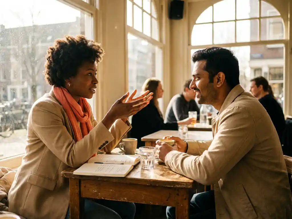 Twee professionals in geanimeerd gesprek aan café tafel met koffie en notitieblok, warme middag licht door ramen