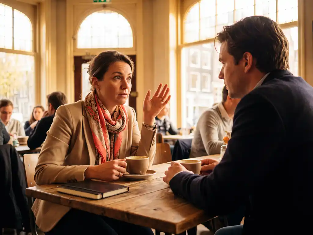 Zakenvrouw pauzeert peinzend tijdens intensief gesprek met klant aan houten cafétafel, warme middaglicht door ramen