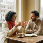 Twee mensen in gesprek aan een houten cafétafel in Amsterdam, met koffie en opengeslagen notitieboek, zacht daglicht.