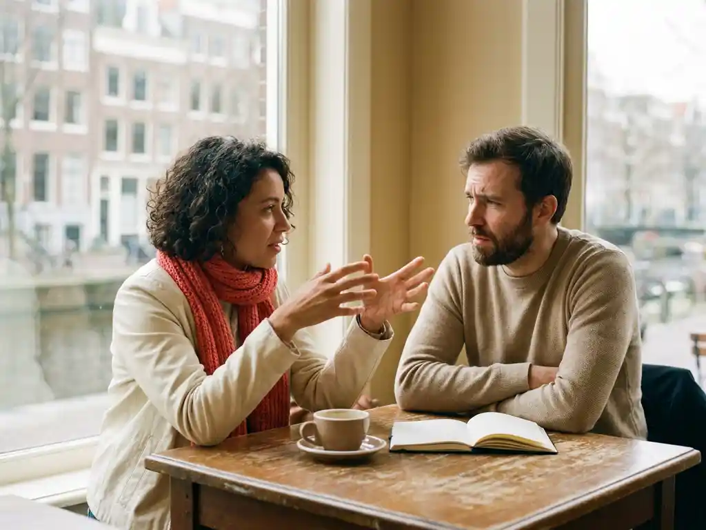 Twee mensen in gesprek aan een houten cafétafel in Amsterdam, met koffie en opengeslagen notitieboek, zacht daglicht.
