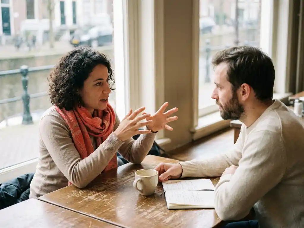 Twee mensen in gesprek aan een houten cafétafel in Amsterdam, één persoon gebaart expressief, ander luistert aandachtig, koffiekopje en notitieboek erbij.