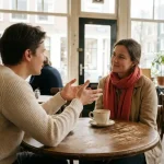 Twee mensen in gesprek aan een verweerde houten cafétafel in Amsterdam, één leant voorover met open handen.