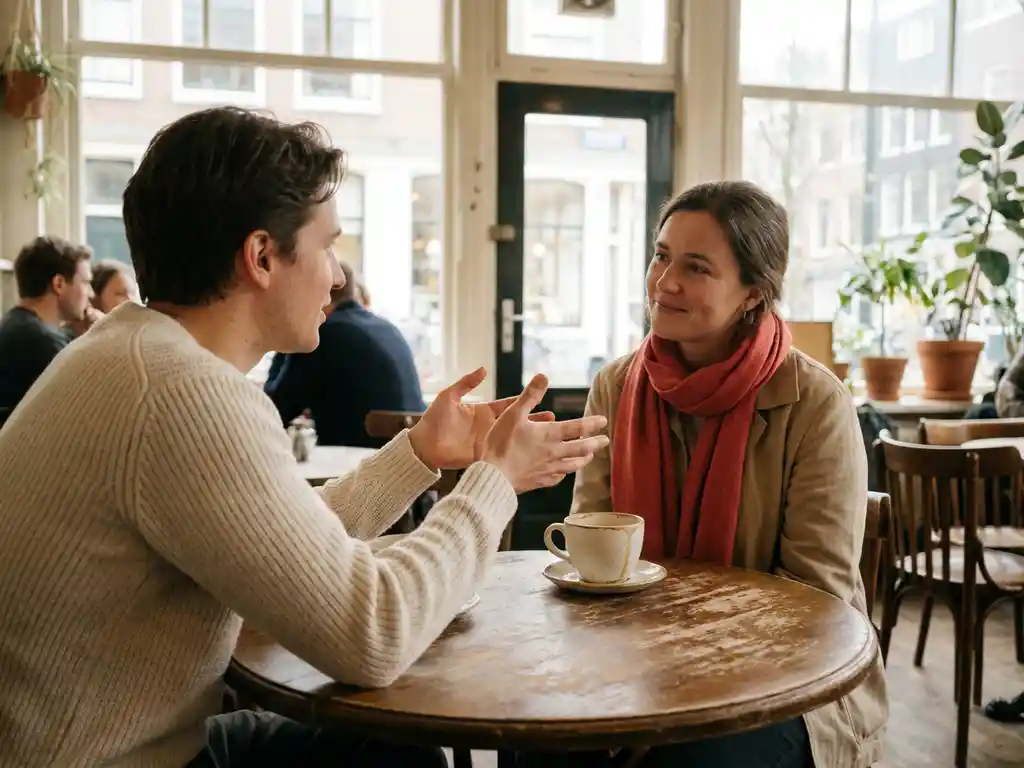 Twee mensen in gesprek aan een verweerde houten cafétafel in Amsterdam, één leant voorover met open handen.