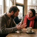 Twee mensen in gesprek aan een versleten houten cafétafel in Amsterdam, één persoon gebaart met open handen terwijl de ander aandachtig luistert.
