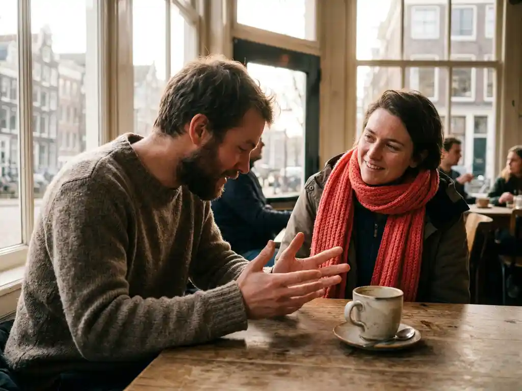 Twee mensen in gesprek aan een versleten houten cafétafel in Amsterdam, één persoon gebaart met open handen terwijl de ander aandachtig luistert.