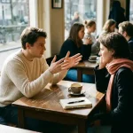 Twee mensen in gesprek aan een versleten houten cafétafel in Amsterdam, met een keramische koffiekop en notitieboekje erbij.