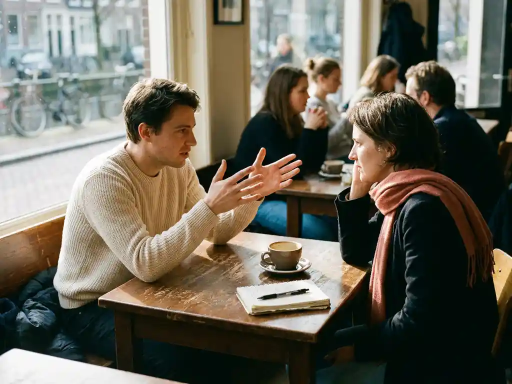 Twee mensen in gesprek aan een versleten houten cafétafel in Amsterdam, met een keramische koffiekop en notitieboekje erbij.