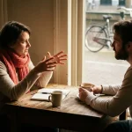 Twee mensen in gesprek aan een versleten houten cafétafel in Amsterdam, één leunt voorover gebarend, de ander luistert aandachtig.