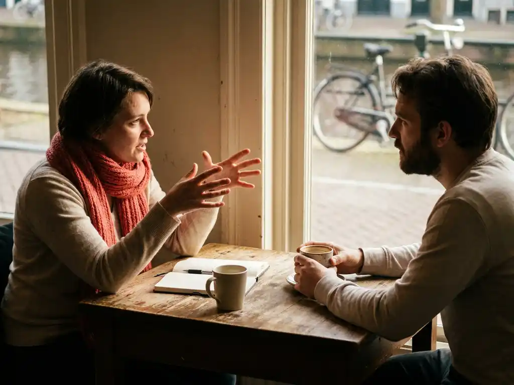 Twee mensen in gesprek aan een versleten houten cafétafel in Amsterdam, één leunt voorover gebarend, de ander luistert aandachtig.