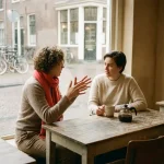 Twee mensen in gesprek aan een houten cafétafel in Amsterdam, met keramische koffiekopjes en zacht daglicht door een groot raam.
