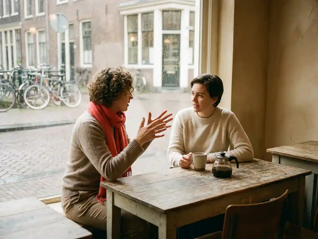 Twee mensen in gesprek aan een houten cafétafel in Amsterdam, met keramische koffiekopjes en zacht daglicht door een groot raam.