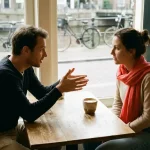 Twee mensen in gesprek aan een versleten houten cafétafel in Amsterdam, één leunt voorover met open handen, keramische koffiekop op tafel.