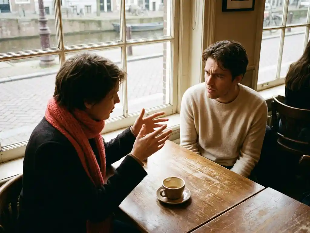 Twee mensen in gesprek aan een houten cafétafel in Amsterdam, met zacht natuurlijk licht en een koraalrode sjaal als accent.