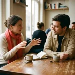 Twee mensen in gesprek aan een houten cafétafel in Amsterdam, met koffiekopjes en een notitieboekje, zachte daglichtsfeer.