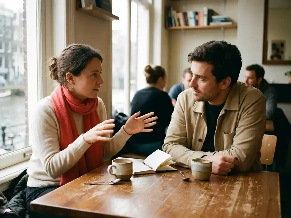 Twee mensen in gesprek aan een houten cafétafel in Amsterdam, met koffiekopjes en een notitieboekje, zachte daglichtsfeer.