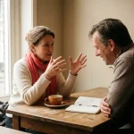 Twee mensen in levendig gesprek aan een houten cafétafel in Amsterdam, met koffie en notitieboek, in warm natuurlijk daglicht.