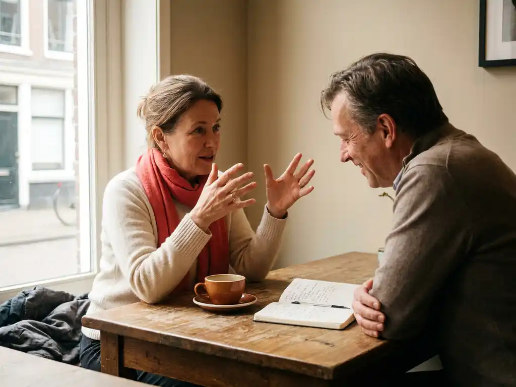 Twee mensen in levendig gesprek aan een houten cafétafel in Amsterdam, met koffie en notitieboek, in warm natuurlijk daglicht.