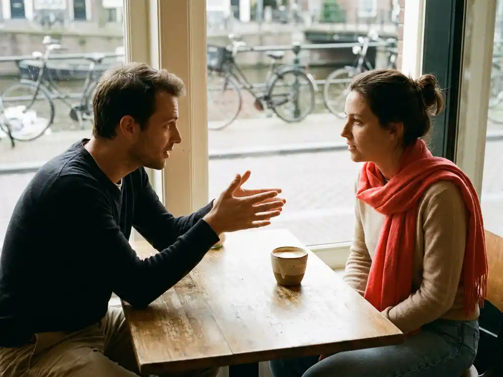 Twee mensen in gesprek aan een versleten houten cafétafel in Amsterdam, één leunt voorover met open handen, keramische koffiekop op tafel.