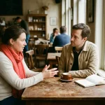 Twee mensen in gesprek aan een versleten houten cafétafel in Amsterdam, met koffie en een open notitieboek.
