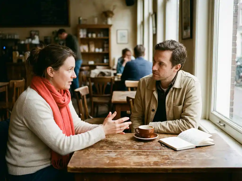Twee mensen in gesprek aan een versleten houten cafétafel in Amsterdam, met koffie en een open notitieboek.