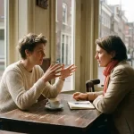 Twee mensen in gesprek aan een houten cafétafel in Amsterdam, met koffie en notitieboekje in warm natuurlijk licht.