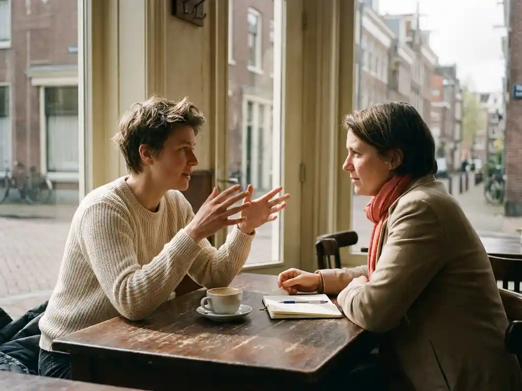 Twee mensen in gesprek aan een houten cafétafel in Amsterdam, met koffie en notitieboekje in warm natuurlijk licht.