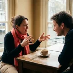 Twee mensen in levendig gesprek aan een versleten houten cafétafel in Amsterdam, met een keramische koffiekop en zacht natuurlijk daglicht.