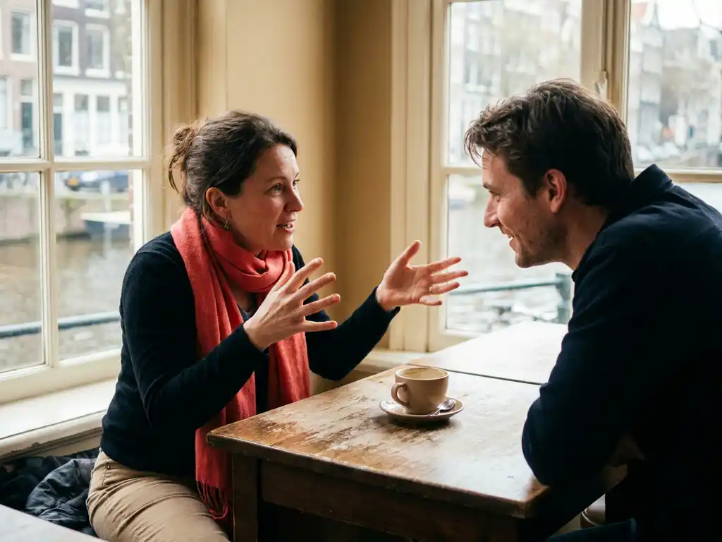Twee mensen in levendig gesprek aan een versleten houten cafétafel in Amsterdam, met een keramische koffiekop en zacht natuurlijk daglicht.