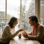 Twee mensen in gesprek aan een houten cafétafel in Amsterdam, met keramische koffiekopjes en een wazig kanaal op de achtergrond.