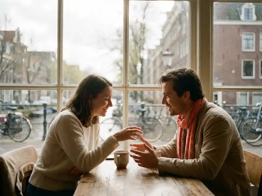 Twee mensen in gesprek aan een houten cafétafel in Amsterdam, met keramische koffiekopjes en een wazig kanaal op de achtergrond.