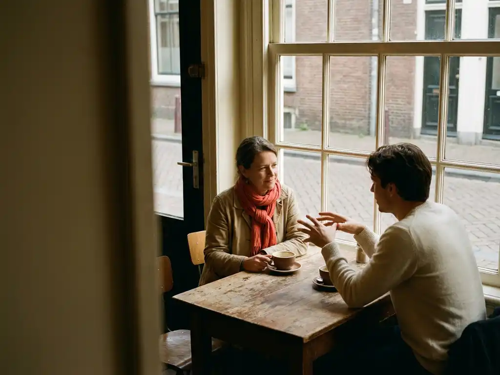 Twee mensen in gesprek aan een versleten houten cafétafel in Amsterdam, met keramische koffiekopjes en zacht natuurlijk daglicht.