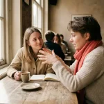 Twee mensen in gesprek aan een versleten houten cafétafel in Amsterdam, met keramische koffiekopjes en een opengeslagen notitieboek.