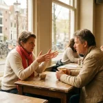 Twee mensen in gesprek aan een houten cafétafel in Amsterdam, één gebarend met open handen, zachte natuurlijke zijlicht.