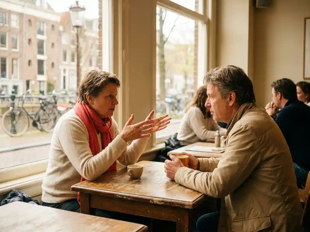 Twee mensen in gesprek aan een houten cafétafel in Amsterdam, één gebarend met open handen, zachte natuurlijke zijlicht.