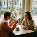 Twee mensen in gesprek aan een versleten houten cafétafel in Amsterdam, één leunt voorover met open handen, natuurlijk zijlicht.