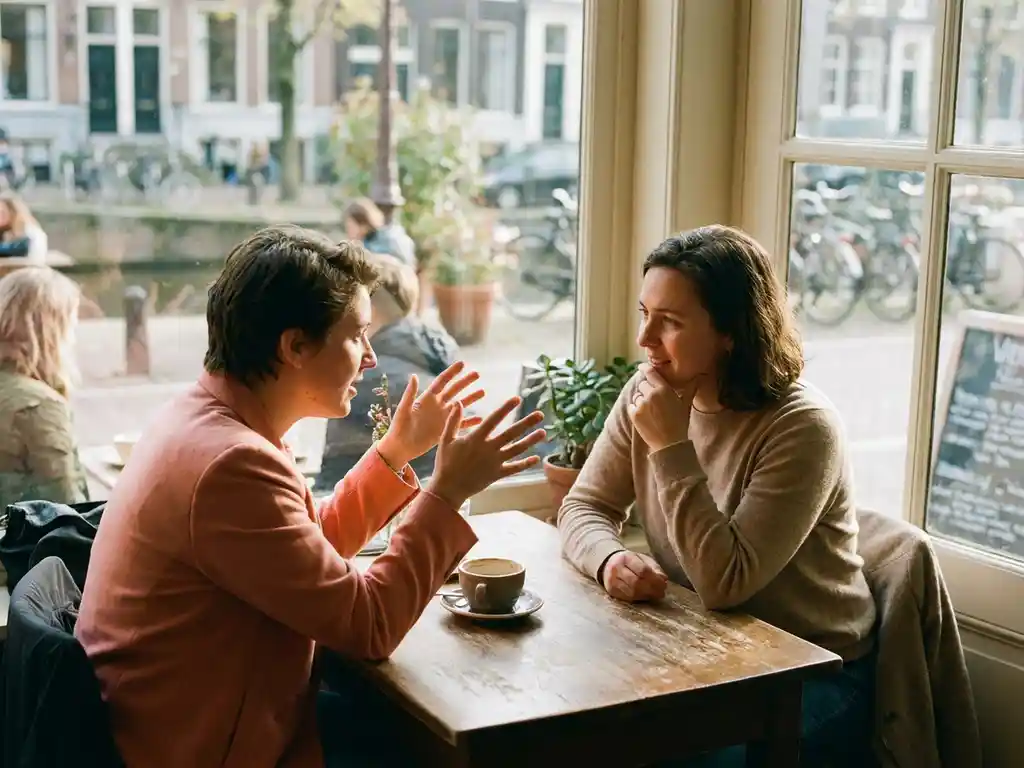 Twee mensen in gesprek aan een versleten houten cafétafel in Amsterdam, één leunt voorover met open handen, natuurlijk zijlicht.
